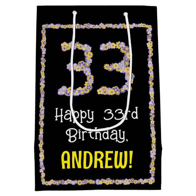 Sacola Para Presentes Média 33.o Aniversário: Número de Flores, Nome Personali (Verso)