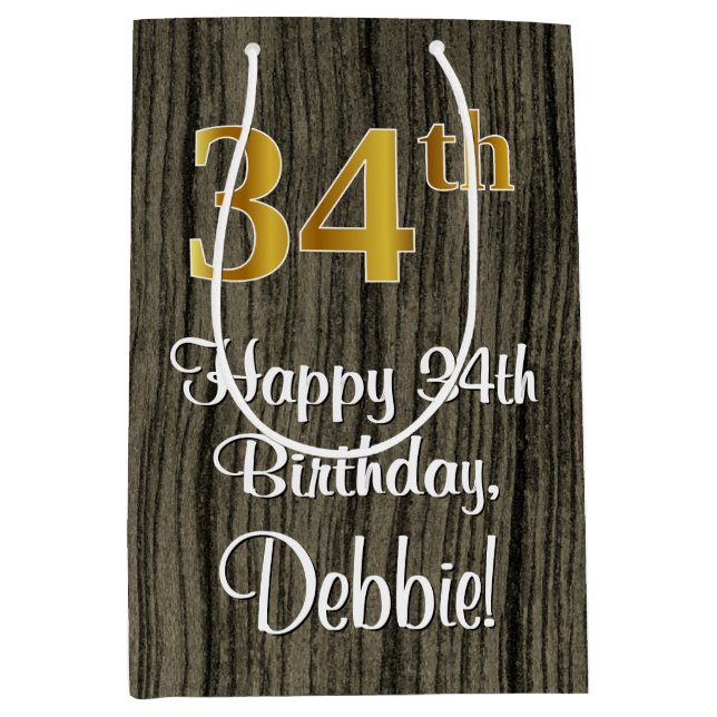 Sacola Para Presentes Média 34.º aniversário: Elegante Faux Dourado Look #, Fa (Frente)