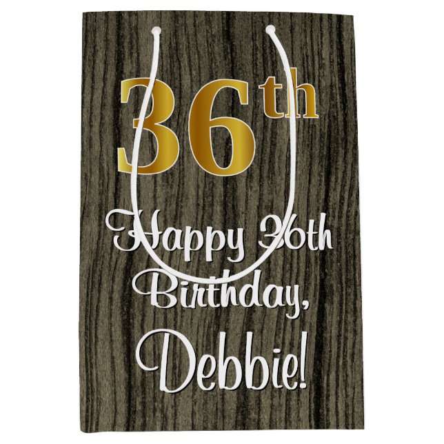 Sacola Para Presentes Média 36.º aniversário: Elegante Faux Dourado Look #, Fa (Frente)