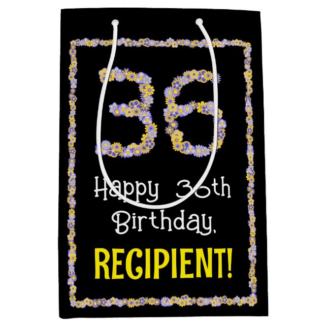 Sacola Para Presentes Média 36.o aniversário: Número de Flores, Nome Personali (Frente)