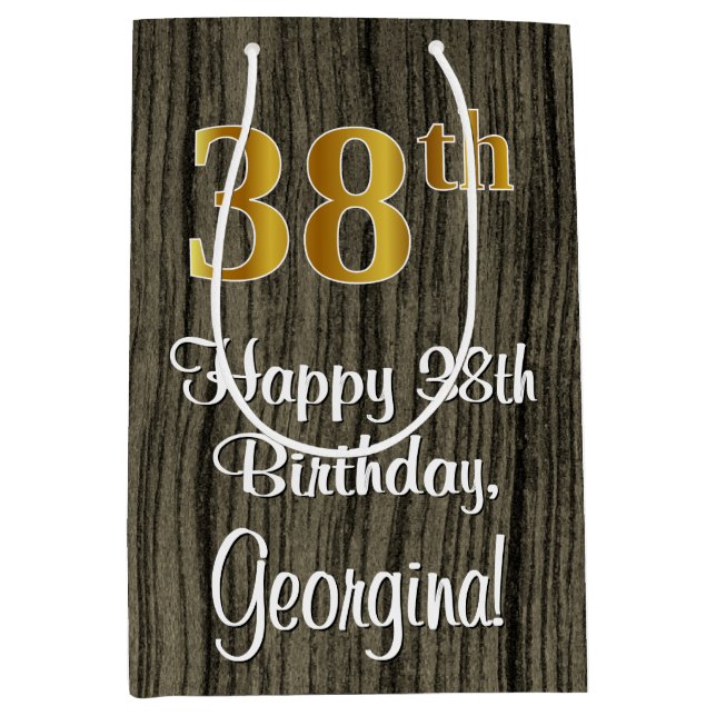 Sacola Para Presentes Média 38º aniversário: Elegante Faux Dourado Look #, Fau (Frente)