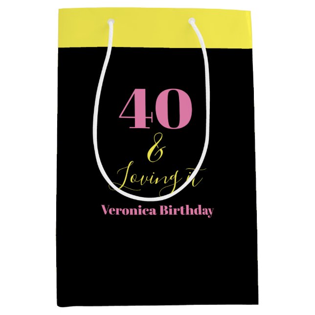 Sacola Para Presentes Média 40 e Ama-o aniversário de 40 anos Amarelo Negro (Frente)