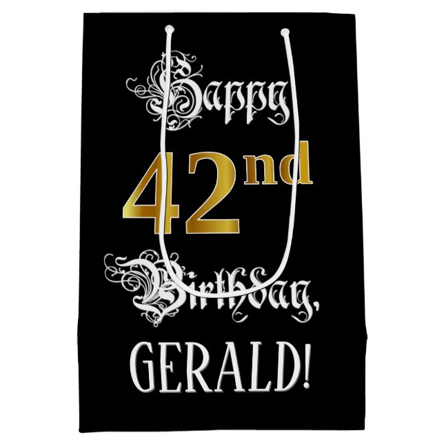 Sacola Para Presentes Média 42nd Birthday ~ Fancy Script; Faux Gold Look; Name (Verso)
