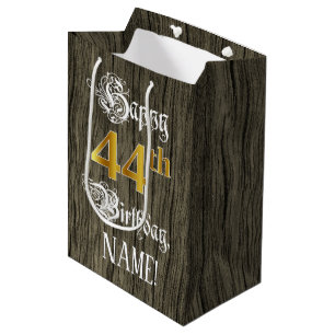 Sacola Para Presentes Média 44 Aniversário: Faux Dourado Look & Faux Wood Stan