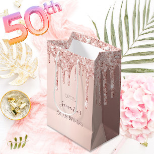 Sacola Para Presentes Média 50º aniversário 50 rosa dourado glitter nome