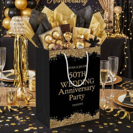 Sacola Para Presentes Média 50th Wedding Anniversary Gold Faux Glitter 
