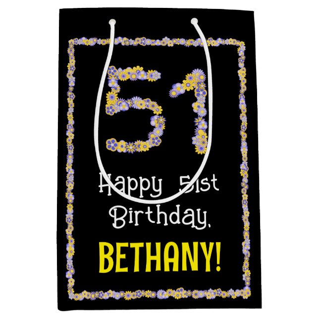 Sacola Para Presentes Média 511 Aniversário: Flores Número, Nome Personalizado (Frente)