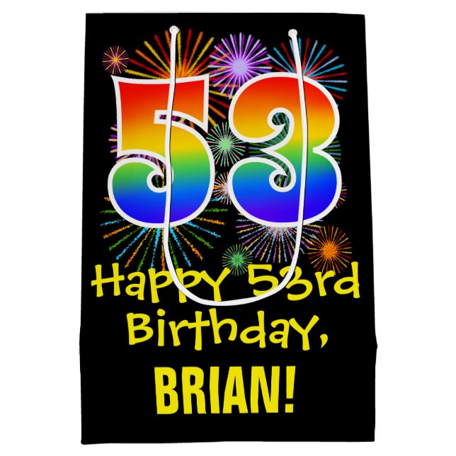 Sacola Para Presentes Média 53º aniversário: Padrão Divertido de Fogos de Arti (Verso)