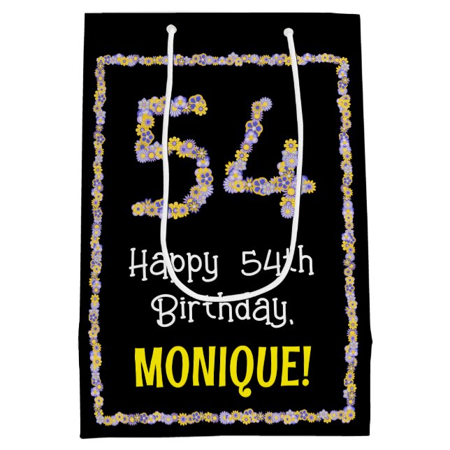 Sacola Para Presentes Média 54.o Aniversário: Número de Flores, Nome Personali (Verso)