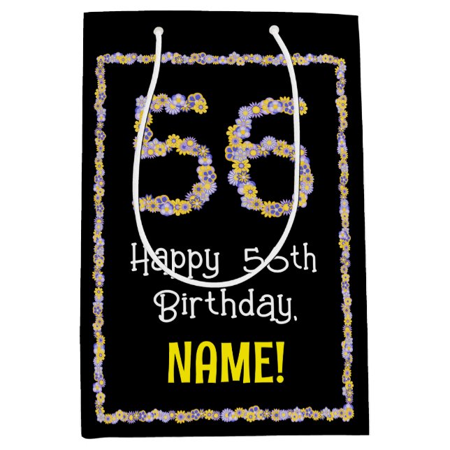 Sacola Para Presentes Média 56.o aniversário: Número de Flores, Nome Personali (Frente)