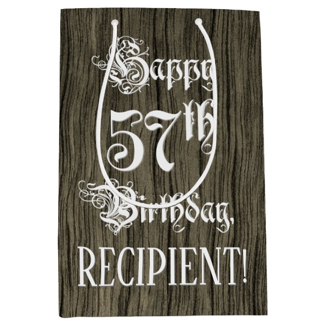 Sacola Para Presentes Média 57.o aniversário: Rico, Faux Wood Look + Nome Pers (Frente)