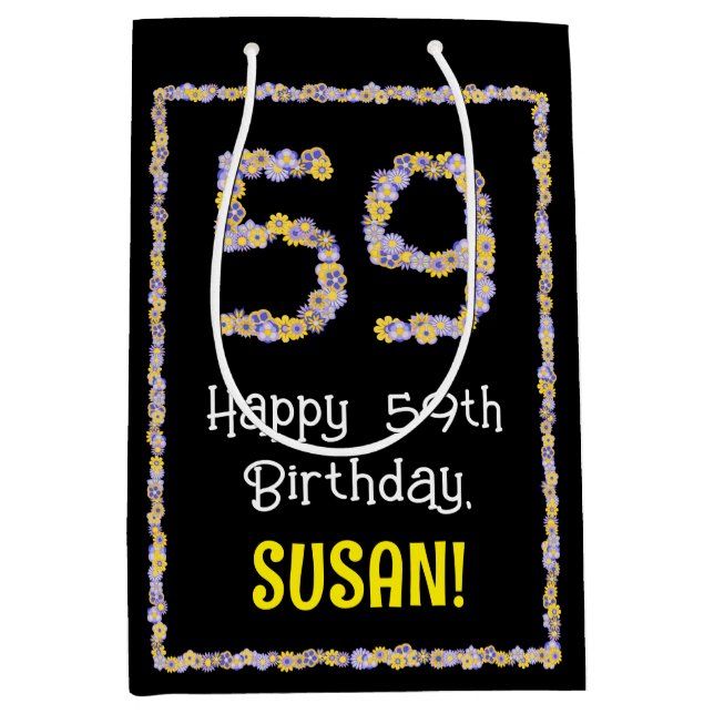 Sacola Para Presentes Média 59.o aniversário: Número de Flores, Nome Personali (Frente)