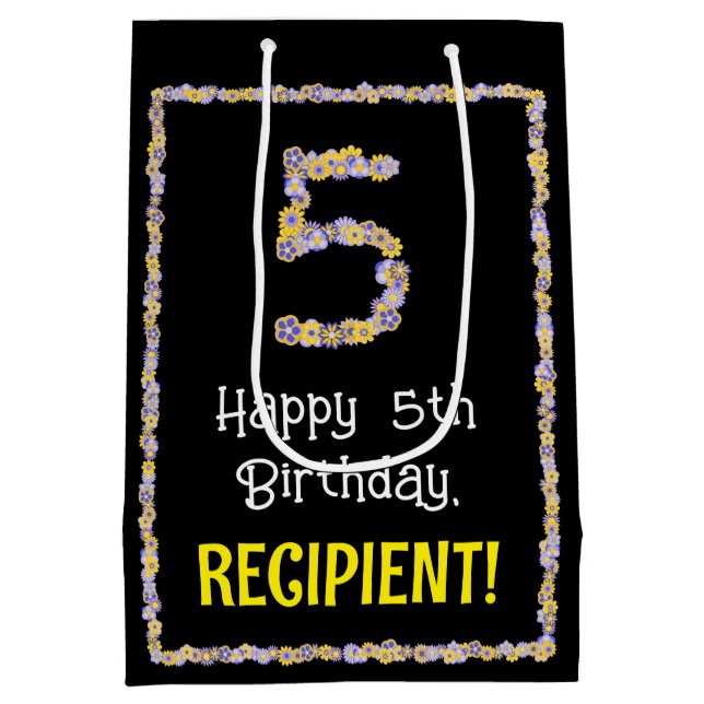 Sacola Para Presentes Média 5 Aniversário: Número de Flores Florais, Nome Pers (Verso)