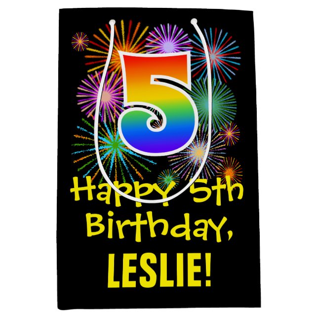 Sacola Para Presentes Média 5 Birthday: Padrão Divertido do Fireworks + Rainbo (Frente)