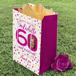 Sacola Para Presentes Média 60º aniversário ponto cor-de-rosa obrigado amarelo