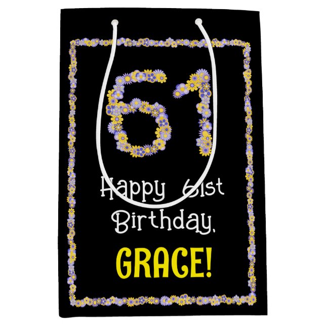 Sacola Para Presentes Média 611 Aniversário: Flores Número, Nome Personalizado (Frente)