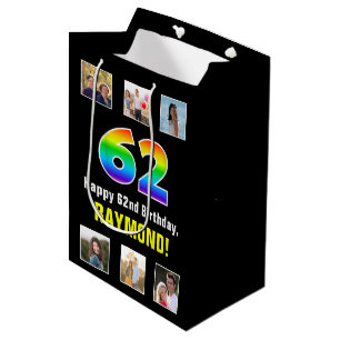 Sacola Para Presentes Média 62º aniversário: Rainbow "62", Fotos e Nome Person