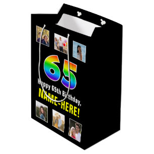Sacola Para Presentes Média 65.º aniversário: Arco-Íris "65", Fotos e Nome Per