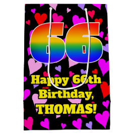 Sacola Para Presentes Média 66º aniversário: Padrão de coração adorável, arco-