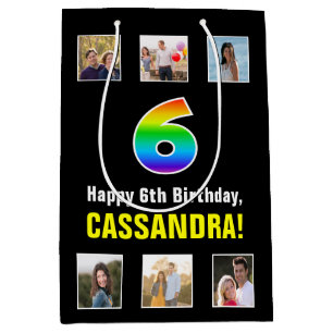 Sacola Para Presentes Média 6 Aniversário: Arco-Íris "6", Fotos e Nome Persona
