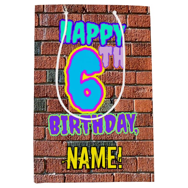 Sacola Para Presentes Média 6 Aniversário: Divertido, Grafite Urbano Inspirado (Frente)