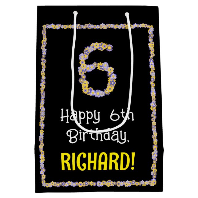 Sacola Para Presentes Média 6 Aniversário: Número de Flores Florais, Nome Pers (Verso)