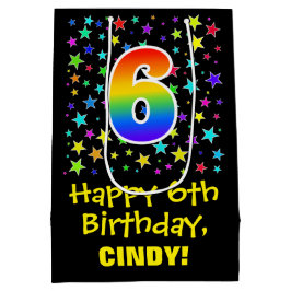 Sacola Para Presentes Média 6 Aniversário: Padrão de estrelas coloridas e arco