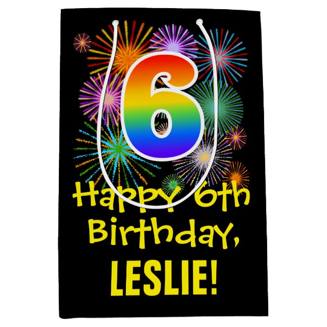 Sacola Para Presentes Média 6 Birthday: Padrão Divertido do Fireworks + Rainbo (Frente)