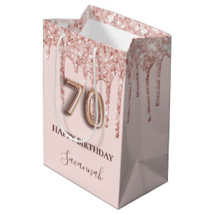 Sacola Para Presentes Média 70 aniversário borra cor-de-rosa pinga rosa dourad