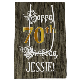 Sacola Para Presentes Média 70 Aniversário: Faux Dourado Look & Faux Wood Stan