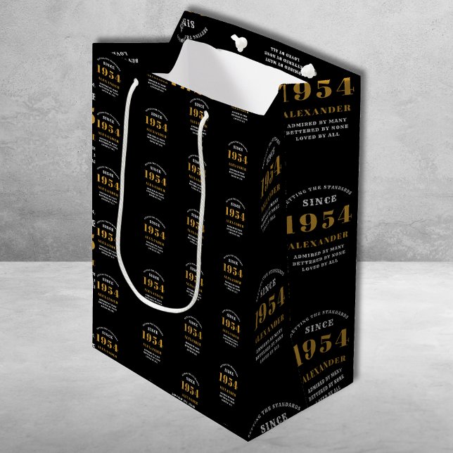 Sacola Para Presentes Média 70 Birthday 1954 Chic Elegante Preto Dourado (70th Birthday Chic 1954 Themed Black & Gold Elegant Gift Bags.)