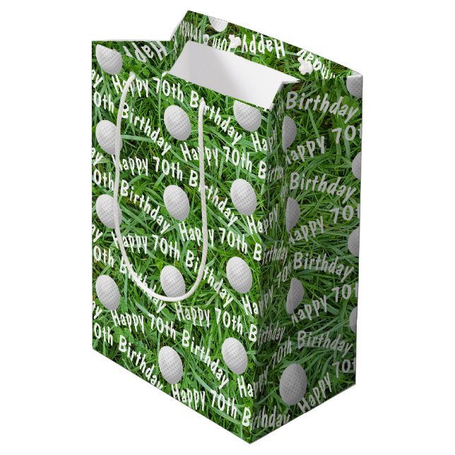 Sacola Para Presentes Média 70 Birthday Golf Balls on Grass Medium Gift Bag (Verso inclinado)