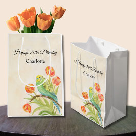 Sacola Para Presentes Média 70th Birthday Party Parakeet with Tulips 