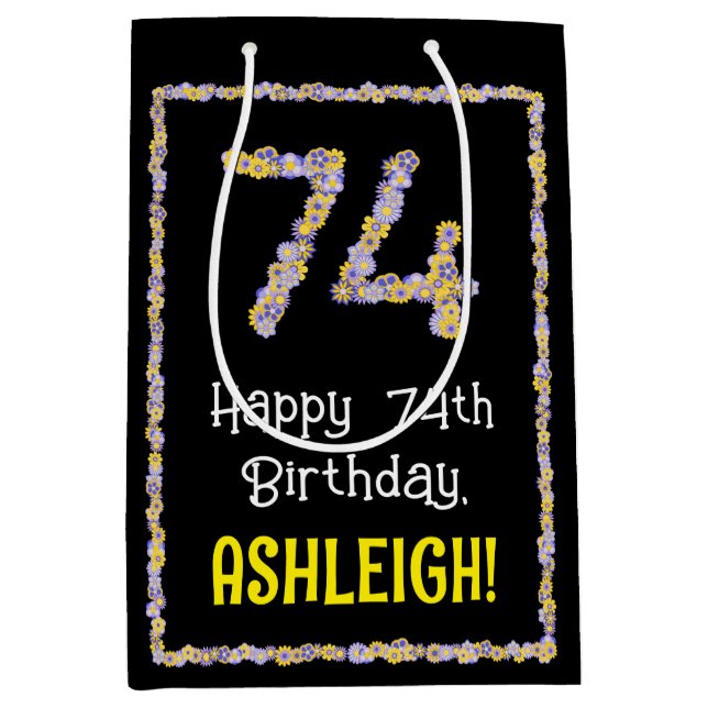 Sacola Para Presentes Média 74.o aniversário: Número de Flores, Nome Personali (Frente)