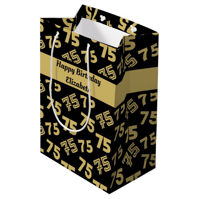 Sacola Para Presentes Média 75.º Aniversário Feliz Nome Personalizado (Verso inclinado)