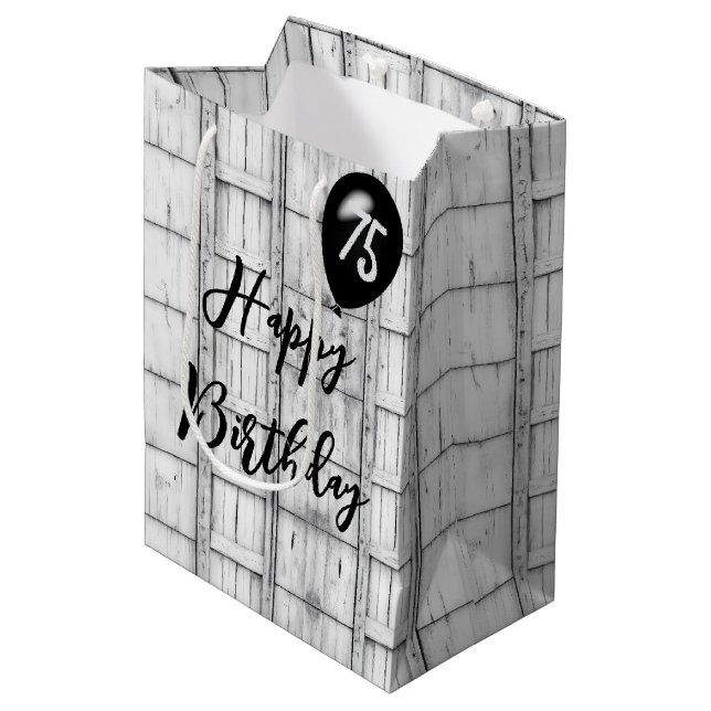 Sacola Para Presentes Média 75.º Aniversário Padrão de Madeira Rústica Simétri (Frente inclinada)