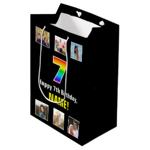 Sacola Para Presentes Média 7 Aniversário: Arco-Íris "7", Fotos e Nome Persona