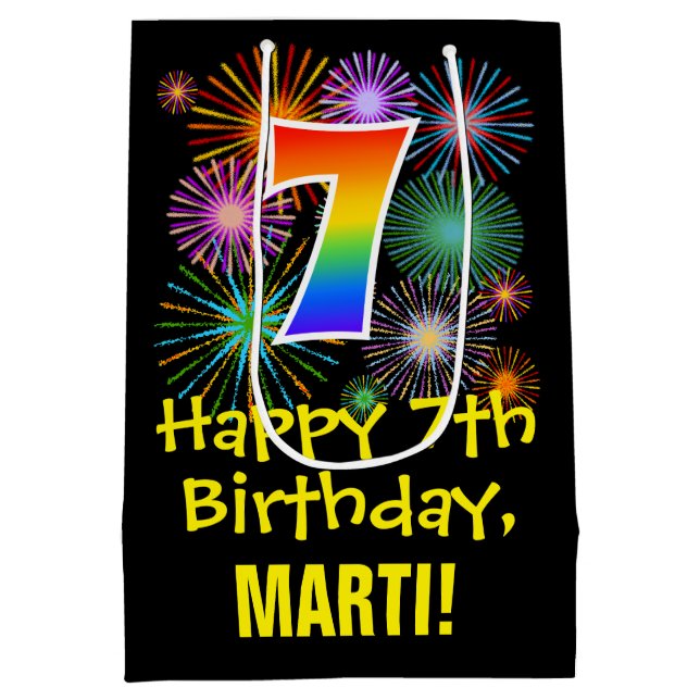 Sacola Para Presentes Média 7 Birthday: Padrão Divertido do Fireworks + Rainbo (Verso)