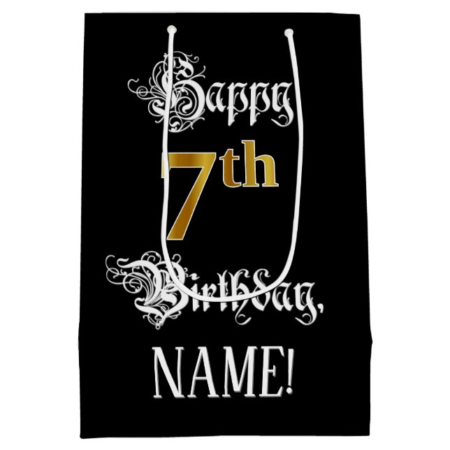 Sacola Para Presentes Média 7 Birthday ~ Rico Script; Faux Dourada Look; Nome (Verso)