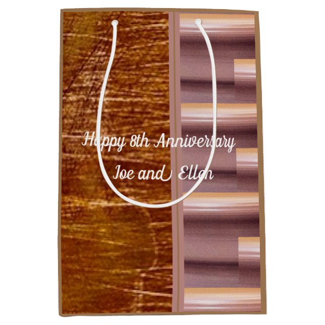 Sacola Para Presentes Média 8º Aniversário, Bronze e Bateria (Frente)