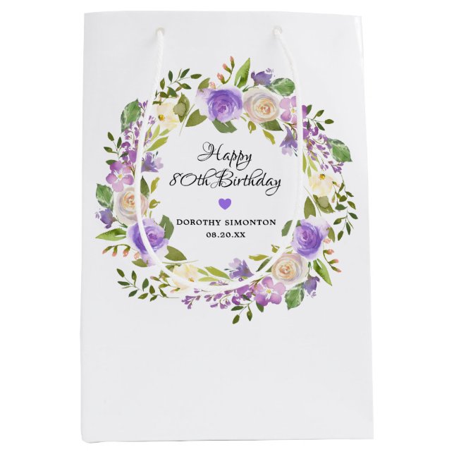 Sacola Para Presentes Média 80 Birthday Purple Floral Monograma (Frente)