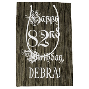 Sacola Para Presentes Média 82º Aniversário: Rico, Faux Wood Look + Nome Perso
