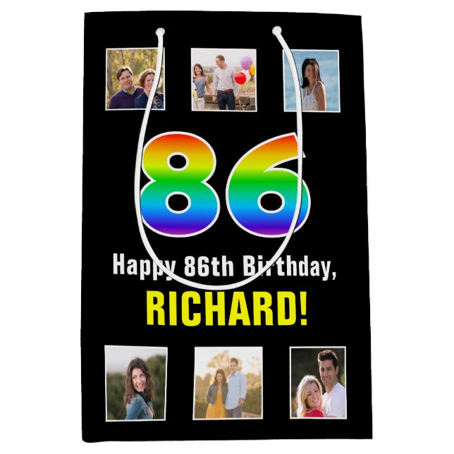 Sacola Para Presentes Média 86.º aniversário: Rainbow "86", Fotos e Nome Perso (Frente)