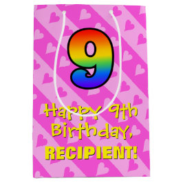 Sacola Para Presentes Média 9º Aniversário: Corações Rosa Divertidos Stripes e