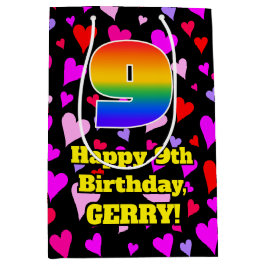 Sacola Para Presentes Média 9º Aniversário: Padrão de Corações Adoráveis, Arco