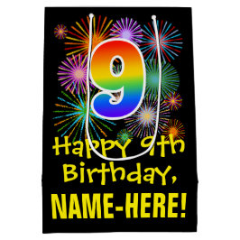 Sacola Para Presentes Média 9º aniversário: Padrão divertido de fogos de artif
