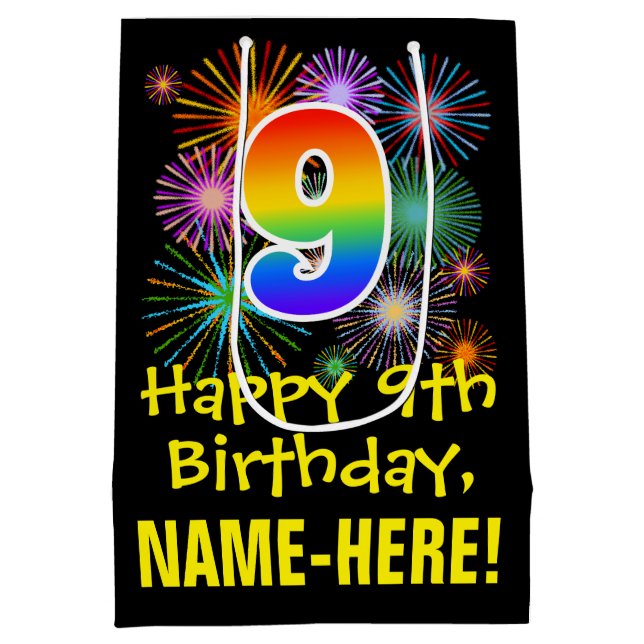 Sacola Para Presentes Média 9º aniversário: Padrão divertido de fogos de artif (Verso)
