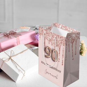 Sacola Para Presentes Média 90 aniversário borra cor-de-rosa pinga rosa dourad