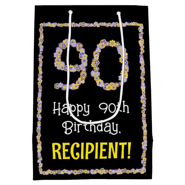 Sacola Para Presentes Média 90 Aniversário: Número de Flores Florais, Nome Per (Verso)