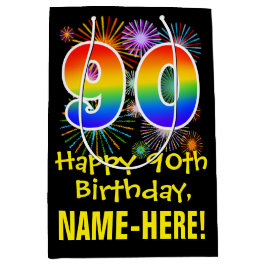 Sacola Para Presentes Média 90 Birthday: Padrão Divertido do Fireworks + Rainb